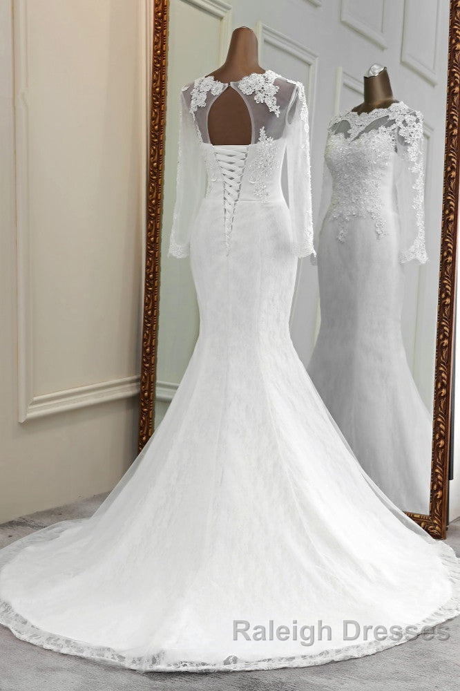 Elegant Long Mermaid Tulle Jewel Wedding Dress with Sleeves Secondary image