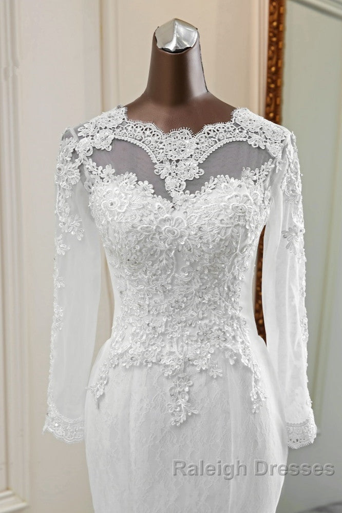 Elegant Long Mermaid Tulle Jewel Wedding Dresses with Sleeves
