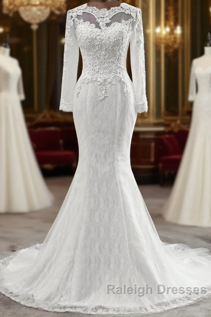 Elegant Long Mermaid Tulle Jewel Wedding Dresses with Sleeves Main image