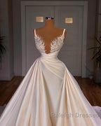 Elegant Long Mermaid V Neck Spaghetti Strap Satin Lace Wedding Dresses