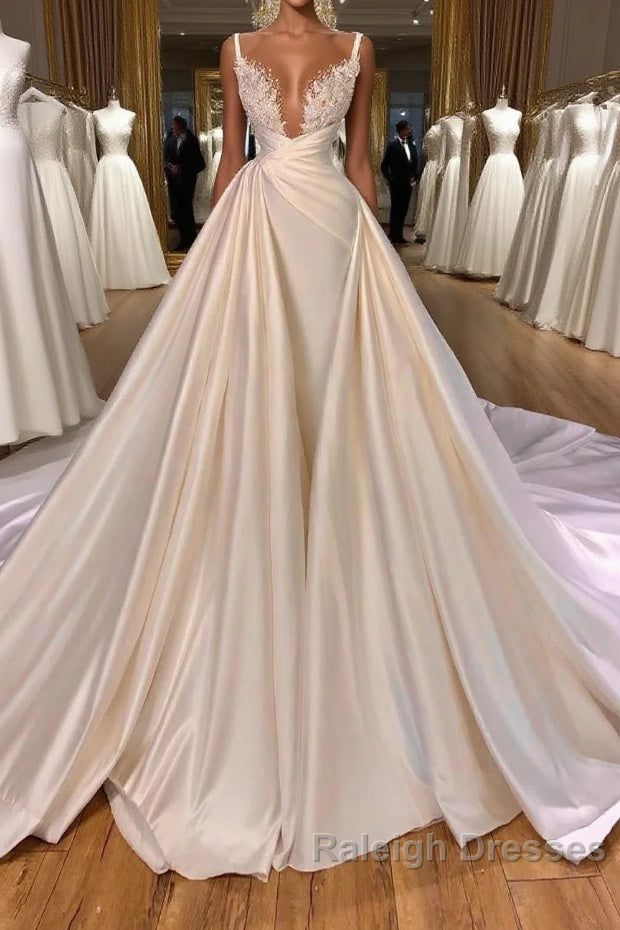 Elegant Long Mermaid V Neck Spaghetti Strap Satin Lace Wedding Dresses Main image