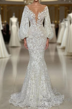Elegant Long Mermaid V Neck Tulle Lace Wedding Dresses with Sleeves