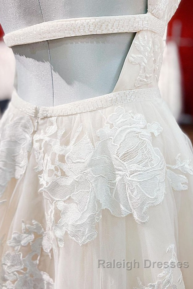 Elegant Long Princess V Neck Tulle Backless Wedding Dresses with Lace