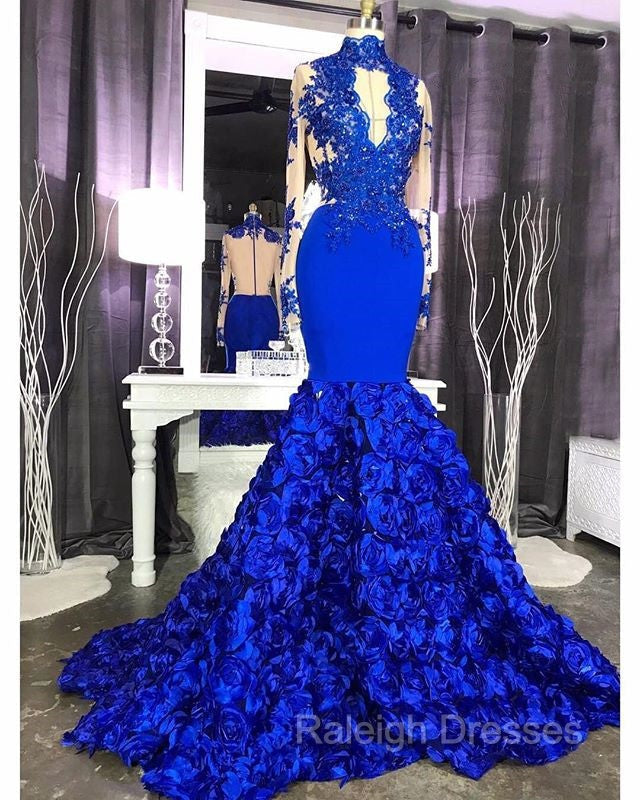 Elegant Long Sleeves Lace Appliques Prom Party Gowns on Sale Fit and Flare Royal Blue Floral Prom Party Gowns with Keyhole