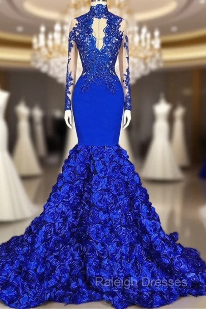 Elegant Long Sleeves Lace Appliques Prom Party Gowns on Sale Fit and Flare Royal Blue Floral Prom Party Gowns with Keyhole Main image