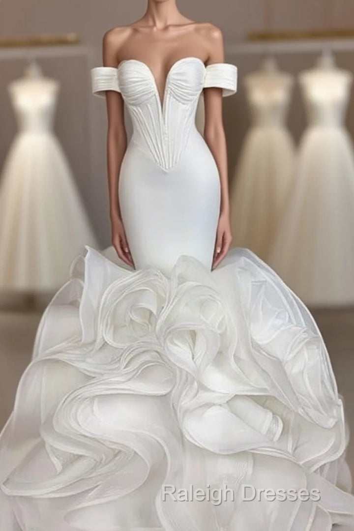 Elegant Mermaid African Women Wedding Dresses  Off The Shoulder Ruffles High Quality Satin Birdal White Wedding Gowns Prom Dresses