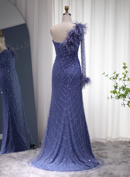 Elegant Mermaid Blue One-Shoulder Feather Beaded Tulle Long Formal Prom Dress