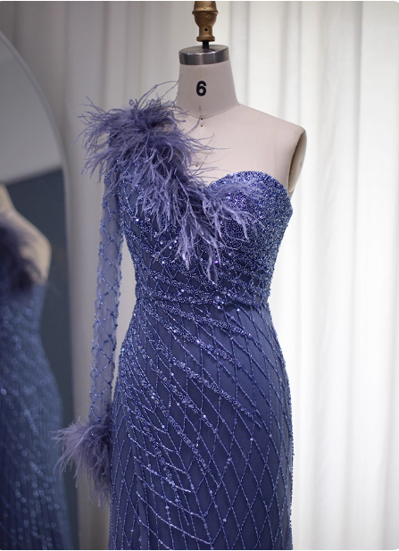 Elegant Mermaid Blue One-Shoulder Feather Beaded Tulle Long Formal Prom Dress