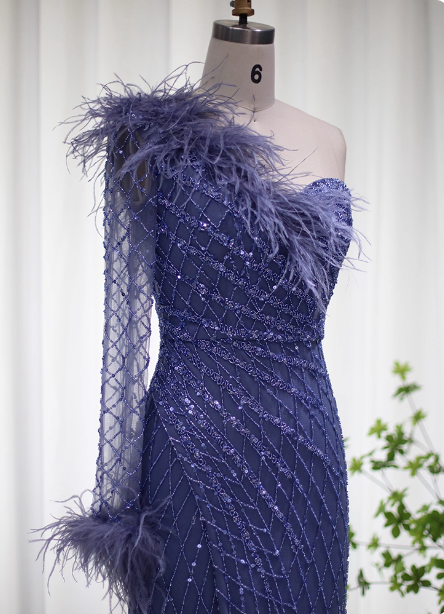 Elegant Mermaid Blue One-Shoulder Feather Beaded Tulle Long Formal Prom Dress