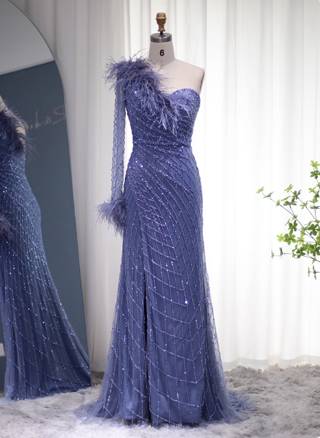 Elegant Mermaid Blue One-Shoulder Feather Beaded Tulle Long Formal Prom Dress Main image