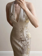Elegant Mermaid Halter Neck Deep V-Neck Sequined Long Formal Prom Dress