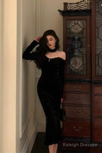 Elegant Mermaid High Neckline Black Velvet Prom Dress Birthday Outfits Prom Gowns