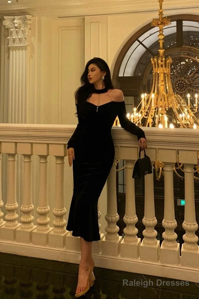 Elegant Mermaid High Neckline Black Velvet Prom Dress Birthday Outfits Prom Gowns
