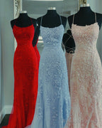 Elegant Mermaid Lace Prom Dresses Open Back