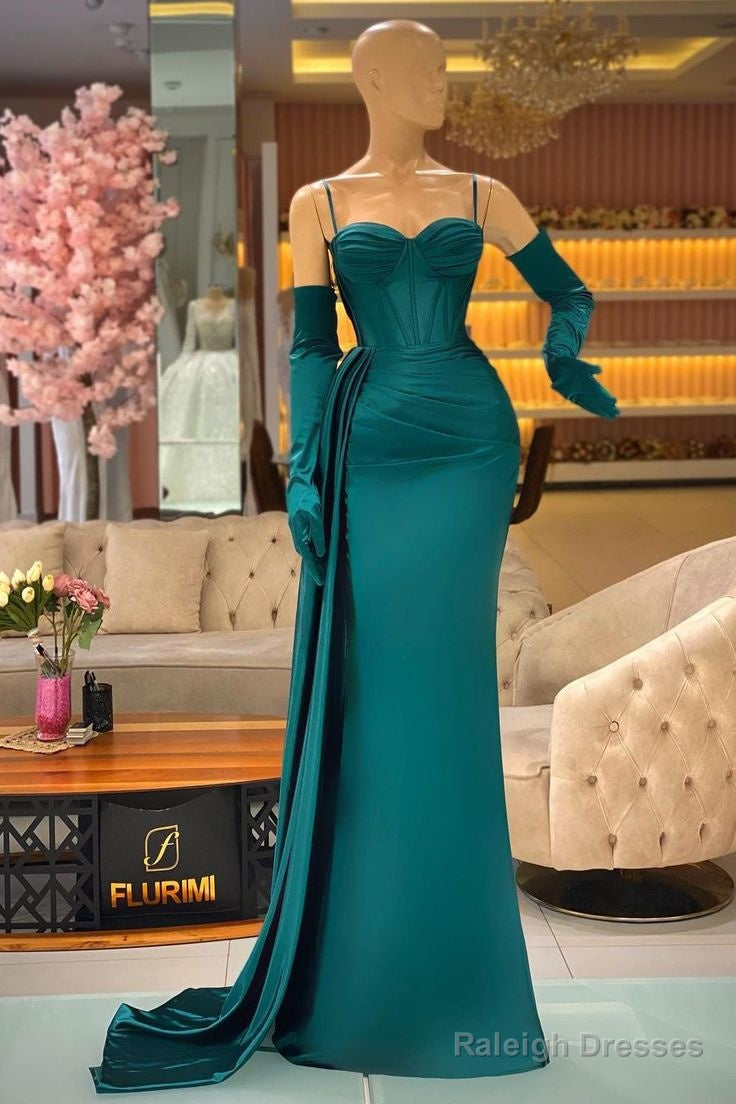 Elegant Mermaid Long Dark Green Spaghetti Straps Prom Dress With Ruffles