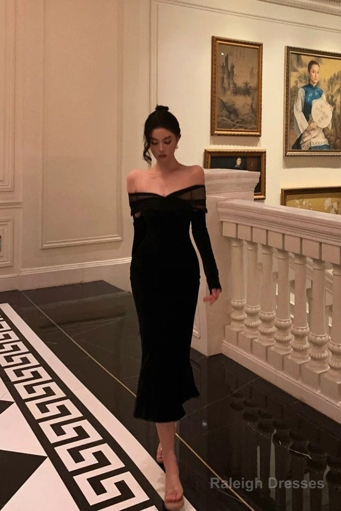 Elegant Mermaid Off The Shoulder Long Sleeves Black Prom Dresses Birthday Outfits Evening Gown