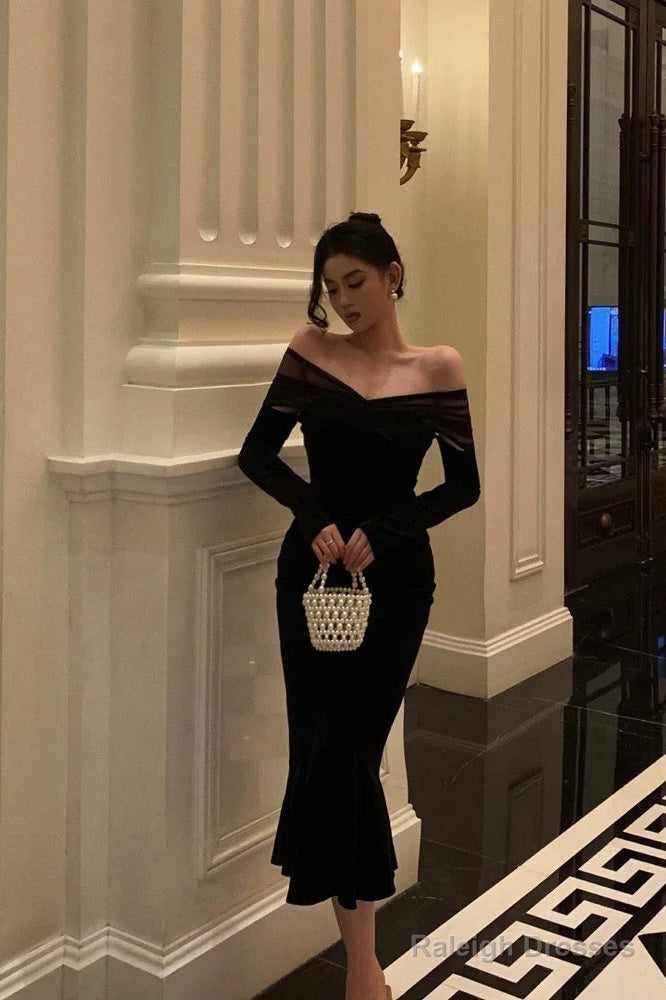 Elegant Mermaid Off The Shoulder Long Sleeves Black Prom Dress Birthday Outfits Prom Gowns