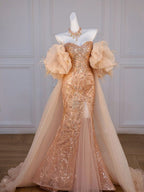 Elegant Mermaid Off The Shoulder Sequin Gold Evening Dress Long Slit Prom Dresses