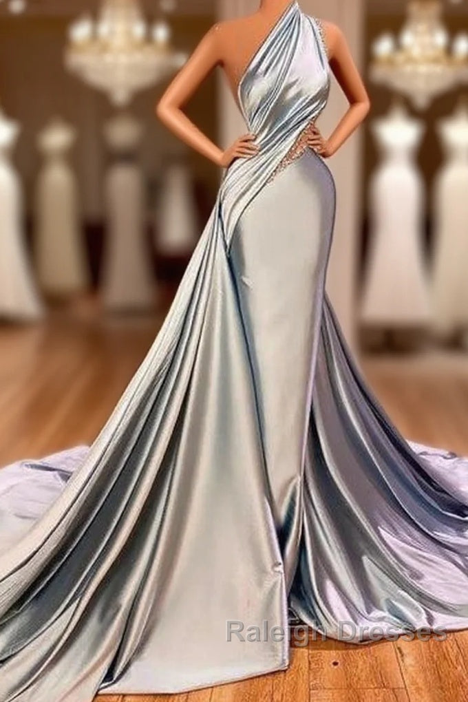 Elegant Mermaid One Shoulder Satin Long Prom Dresseses