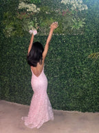 Elegant Mermaid Pink Lace Prom Dresses Formal Evening Dress