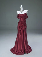 Elegant Pleated Satin Prom Mermaid Prom Dresses Fahsion Graudation Prom Dress With Off-The-Shoulder