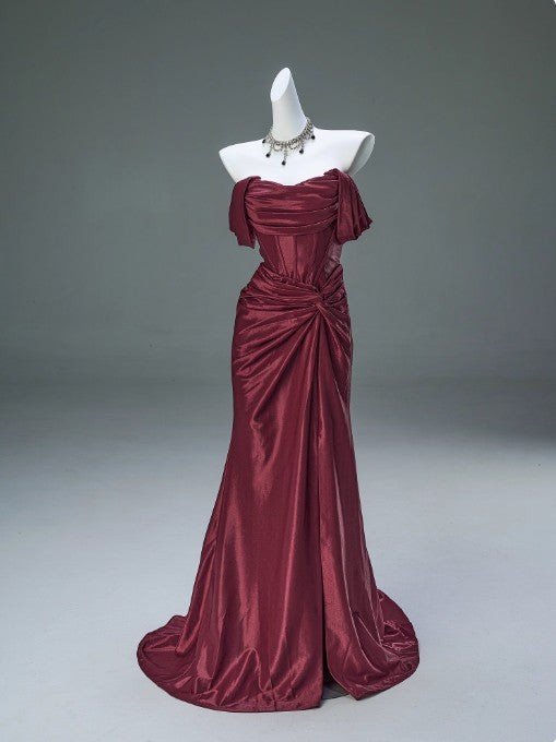 Elegant Pleated Satin Prom Mermaid Prom Dresses Fahsion Graudation Prom Dress With Off-The-Shoulder