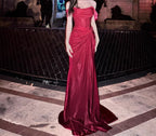 Elegant Pleated Satin Formal Mermaid Evening Dress,Fahsion Graudation Prom Dresses With Off-The-Shoulder