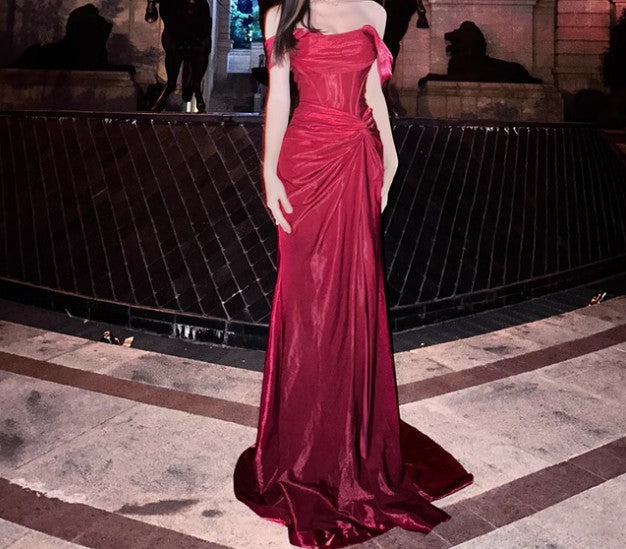 Elegant Pleated Satin Formal Mermaid Evening Dress,Fahsion Graudation Prom Dresses With Off-The-Shoulder