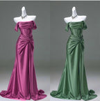 Elegant Pleated Satin Formal Mermaid Evening Dress,Fahsion Graudation Prom Dresses With Off-The-Shoulder