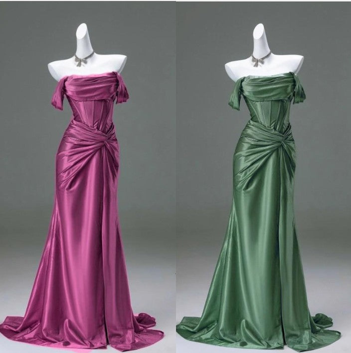 Elegant Pleated Satin Prom Mermaid Prom Dresses Fahsion Graudation Prom Dress With Off-The-Shoulder