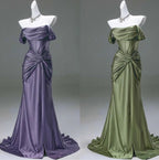 Elegant Pleated Satin Formal Mermaid Evening Dress,Fahsion Graudation Prom Dresses With Off-The-Shoulder