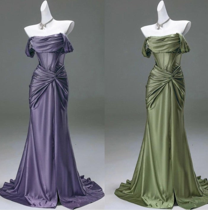 Elegant Pleated Satin Formal Mermaid Evening Dress,Fahsion Graudation Prom Dresses With Off-The-Shoulder