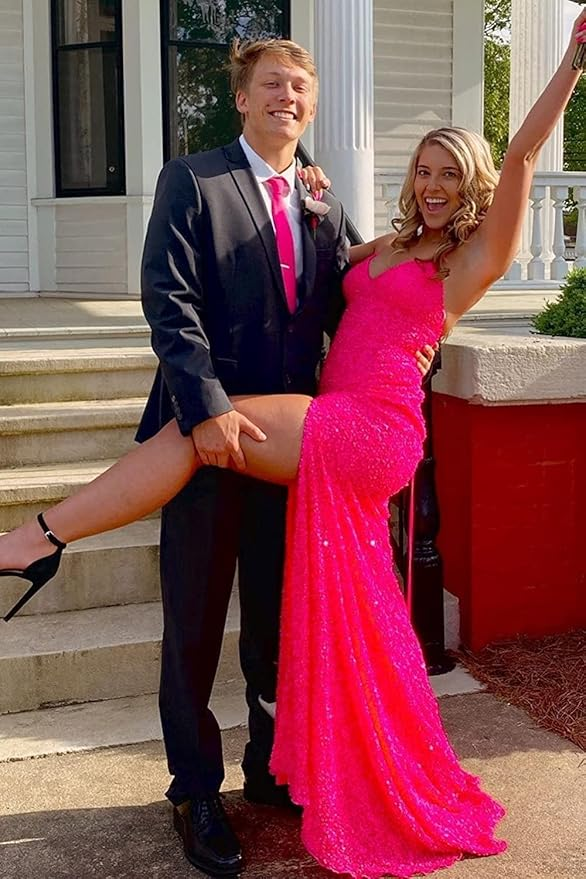 Elegant Mermaid Sequin Pink Prom Dress Long Prom Dresses