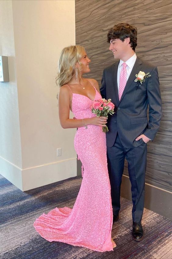 Elegant Mermaid Sequin Pink Prom Dress Long Prom Dresses