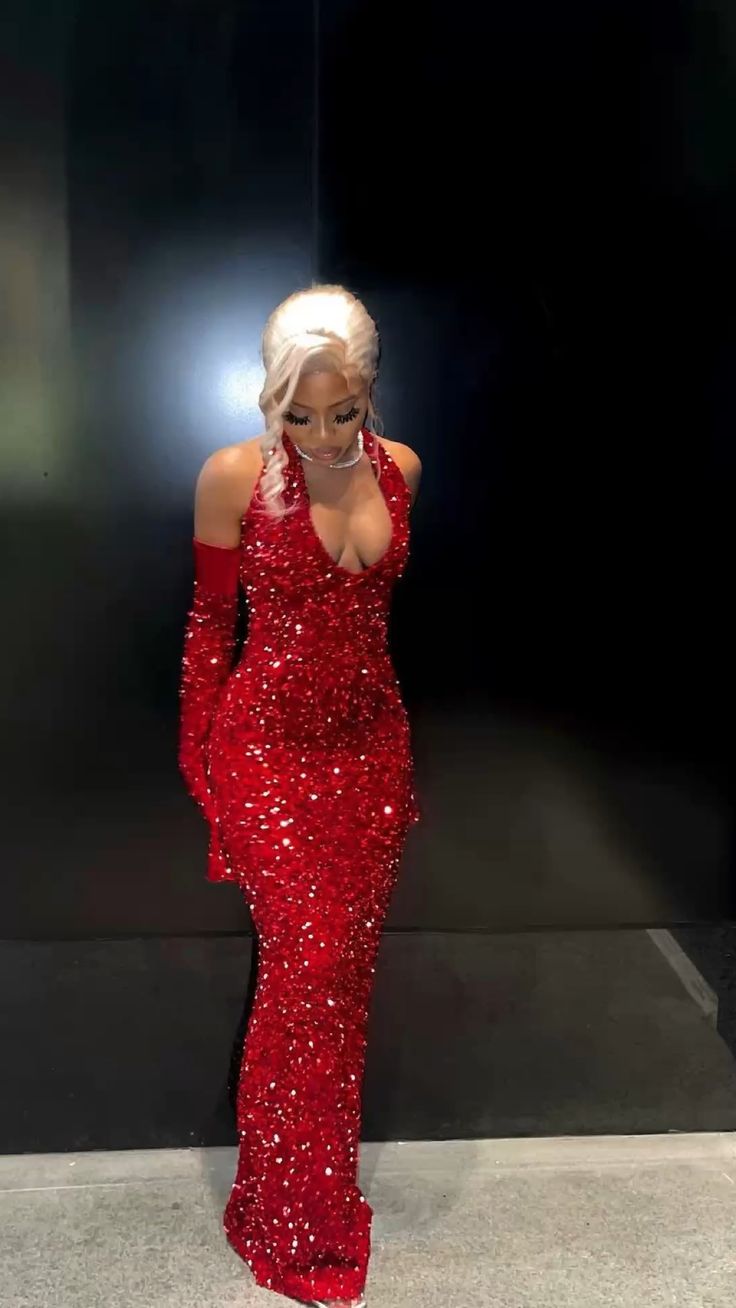 Elegant Mermaid Sequin Red Floor Length Black Girl Prom Dress Secondary image