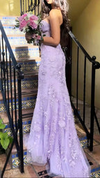 Elegant Mermaid Sleeveless Lace Lilac Prom Dress Long Prom Dress