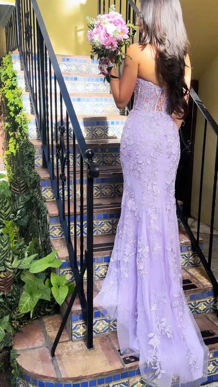 Elegant Mermaid Sleeveless Lace Lilac Prom Dress Long Prom Dress