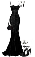 Elegant Mermaid Spaghetti Straps Black Lace Prom Dresses Long Birthday Outfits