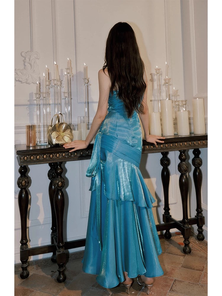 Elegant Mermaid Spaghetti Straps Blue Satin Prom Dress Long Prom Dresses 21St Birthday Outfits Graduation Dress