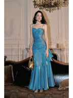 Elegant Mermaid Spaghetti Straps Blue Satin Prom Dress Long Prom Dresses 21St Birthday Outfits Graduation Dress