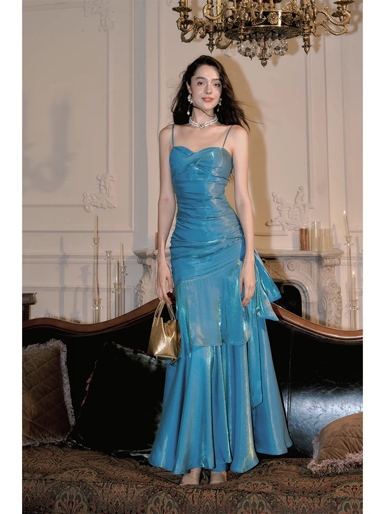 Elegant Mermaid Spaghetti Straps Blue Satin Prom Dress Long Prom Dresses 21St Birthday Outfits Graduation Dress