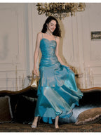 Elegant Mermaid Spaghetti Straps Blue Satin Prom Dress Long Prom Dresses 21St Birthday Outfits Graduation Dress