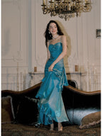 Elegant Mermaid Spaghetti Straps Blue Satin Prom Dress Long Prom Dresses 21St Birthday Outfits Graduation Dress