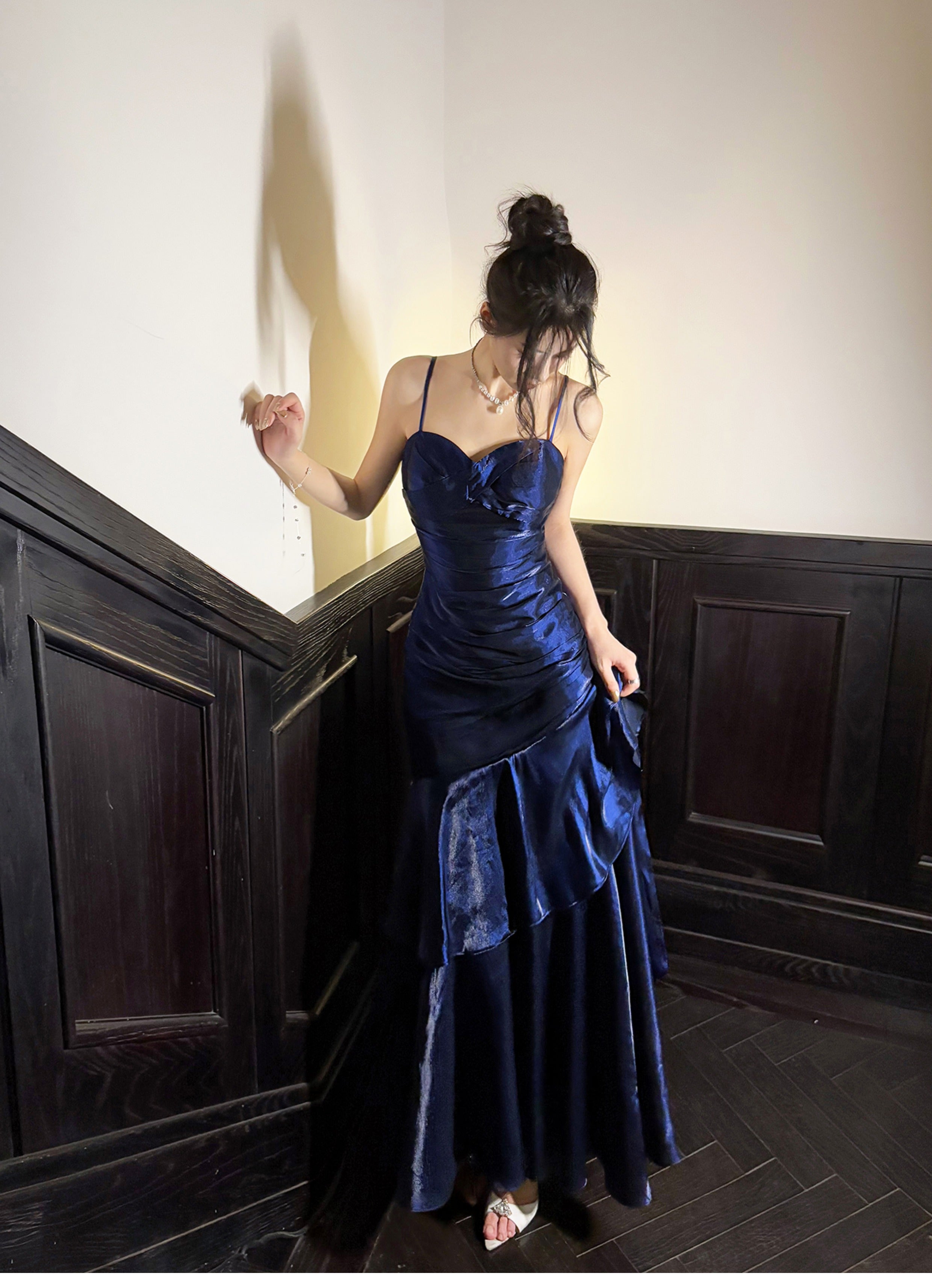 Elegant Mermaid Spaghetti Straps Blue Satin Prom Dress Long Prom Dresses 21St Birthday Outfits Graduation Dress