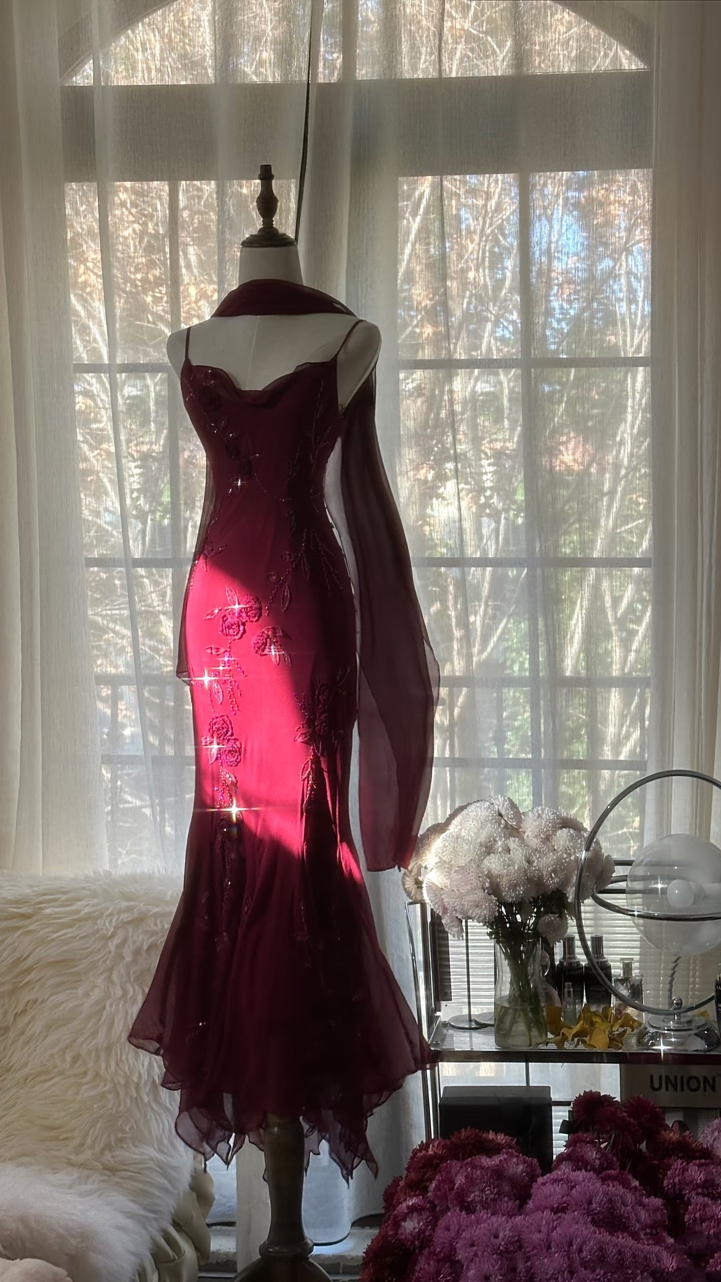 Elegant Mermaid Spaghetti Straps Burgundy Chiffon Prom Dresses Inspiration Trending Evening Gowns Formal Party Prom Dress