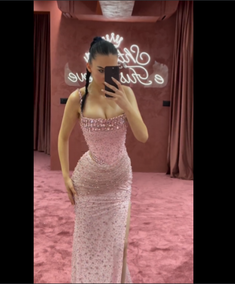 Elegant Mermaid Spaghetti Straps Pink Beads Sequin Slit Prom Dress Long Prom Dresses