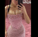 Elegant Mermaid Spaghetti Straps Pink Beads Sequin Slit Prom Dress Long Prom Dresses