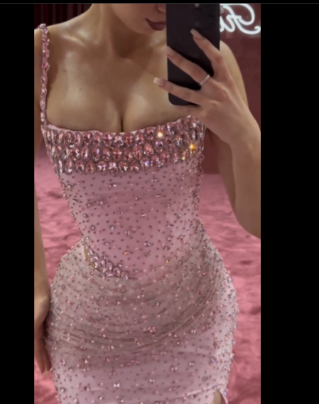 Elegant Mermaid Spaghetti Straps Pink Beads Sequin Slit Prom Dress Long Prom Dresses