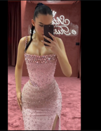 Elegant Mermaid Spaghetti Straps Pink Beads Sequin Slit Prom Dress Long Prom Dresses