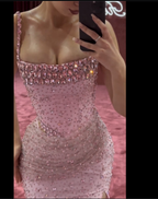 Elegant Mermaid Spaghetti Straps Pink Beads Sequin Slit Prom Dress Long Prom Dresses